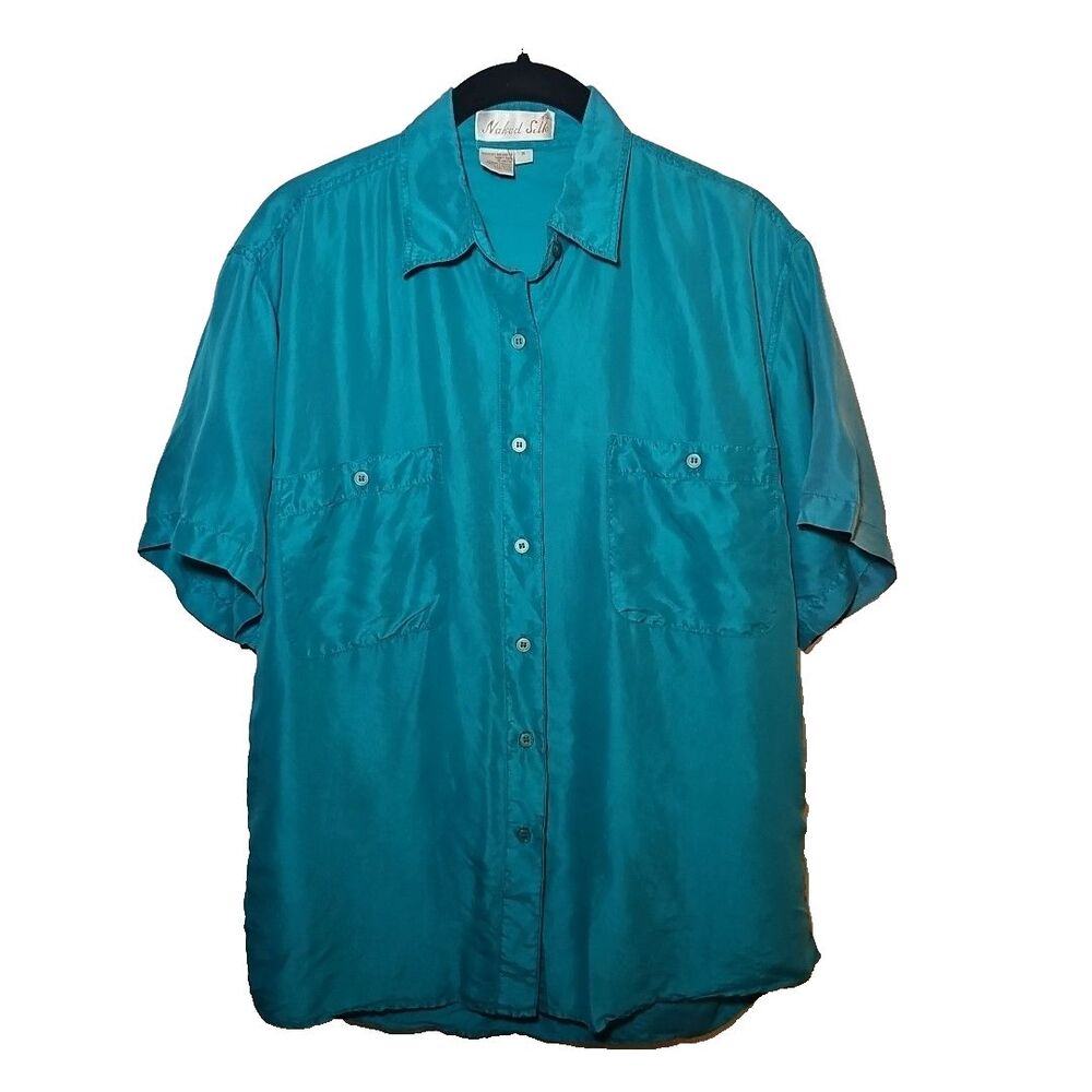 Naked SILK Women's Teal Button Down Short Sleeve Blouse Small Peasant Fairy Boho